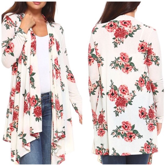 Sweaters - White and Pink Floral Open Cardigan
